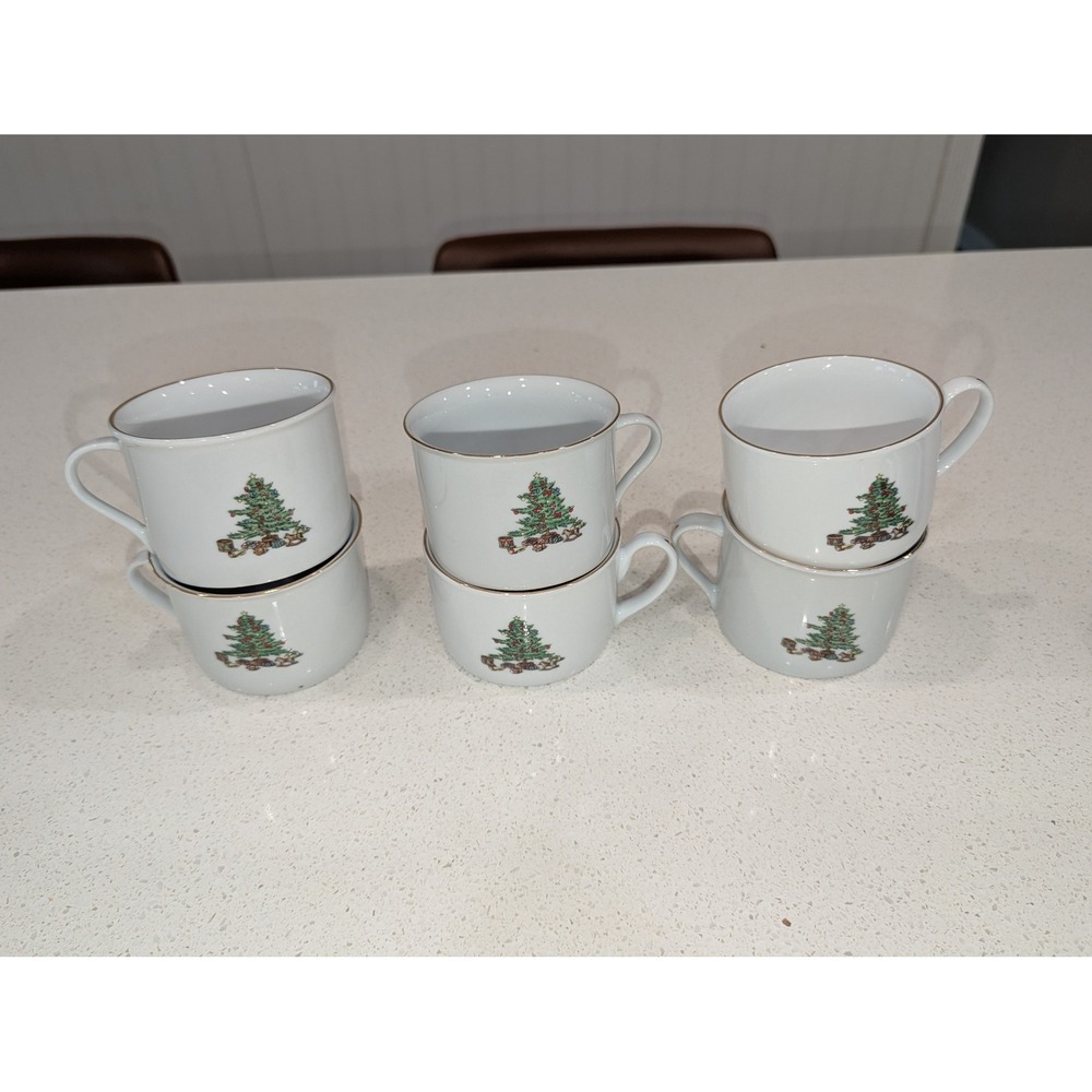 Meiwa Christmas Tree Coffee Mugs White Porcelain Gold Rim Set‎ of 6